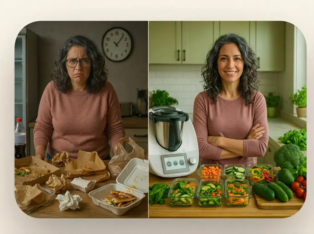 Donna di mezza età prima e dopo aver perso 10 kg con pasti keto preparati nel Bimby